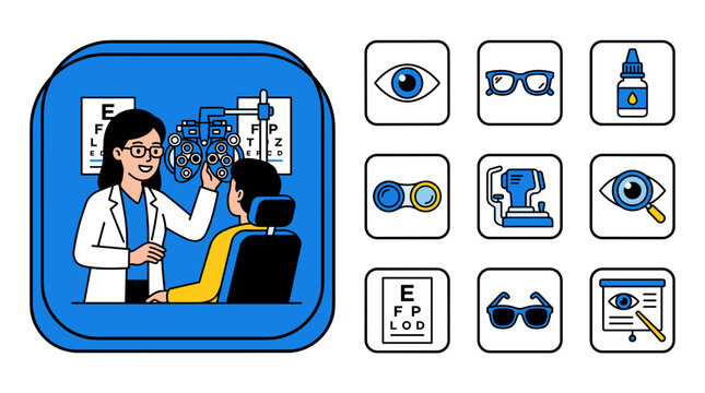 Optometrist examines patient's eyes with a phoropter, surrounded by vision care icons and eye chart