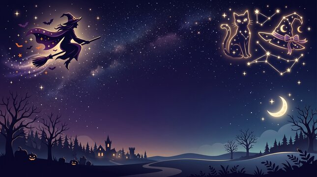 A mystical witch flying on a broomstick across a starry night sky with a crescent moon background