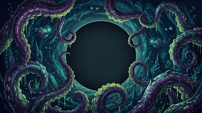 Dark fantasy background featuring a central circular frame surrounded by glowing purple and teal swirling tentacles