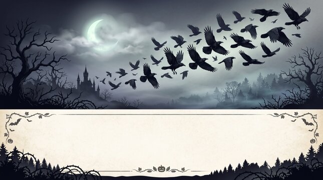 A spooky halloween scene featuring a flock of crows flying under a crescent moon in a dark sky