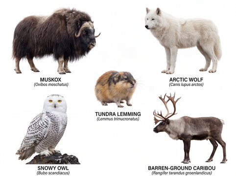 Arctic tundra wildlife educational chart with muskox, Arctic wolf, tundra lemming, snowy owl and barren-ground caribou isolated on white background