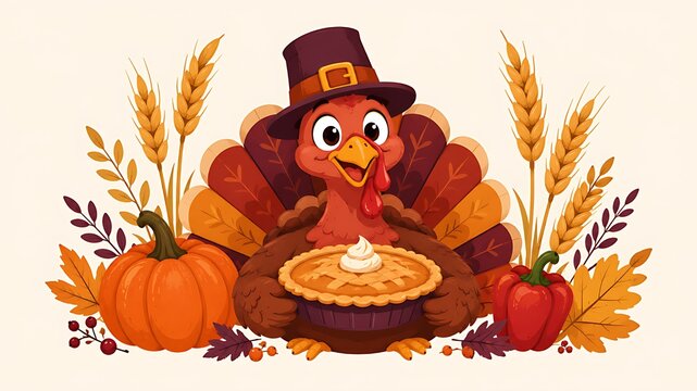 Cute Cartoon Turkey Holding Pumpkin Pie for Thanksgiving Day Celebration