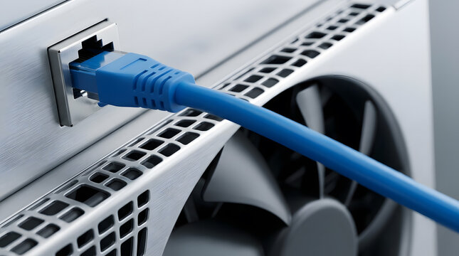 A blue ethernet cable plugged into a server port next to a cooling fan.