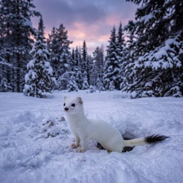 Ermine peeking from snowy burrow in pine forest at sunset