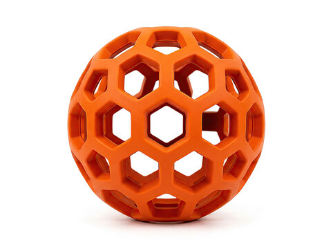 thick indestructible natural rubber hollow puzzle feeder ball with hexagonal hole openings in bright safety orange, isolated and centered product on a white background.