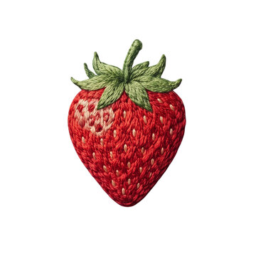 Detailed red strawberry embroidery patch with green leaves