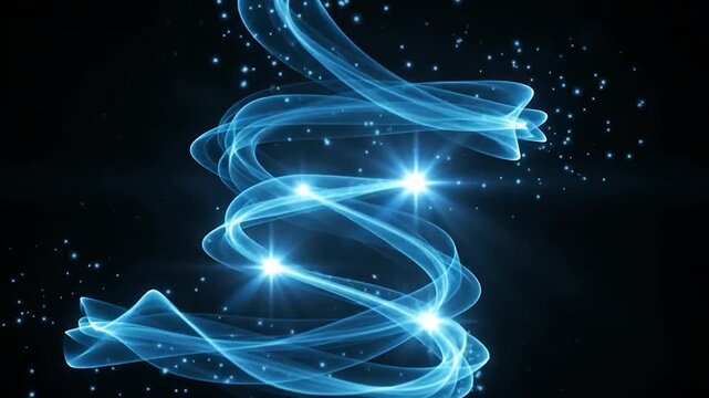 Abstract glowing blue light trails with sparkles on black background