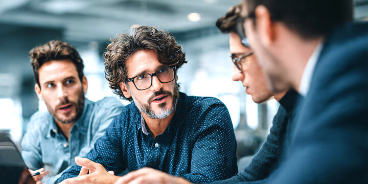 Group of young cheerful business people in casual wear working together on new project while sitting in the creative office