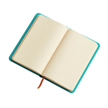 Open blank notebook with teal cover and ribbon bookmark on isolated white background