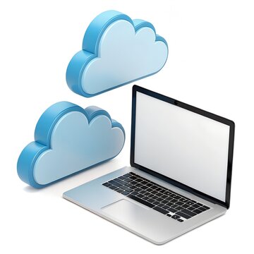 Open laptop computer with 3D cloud icons for cloud storage and computing data management 3D render