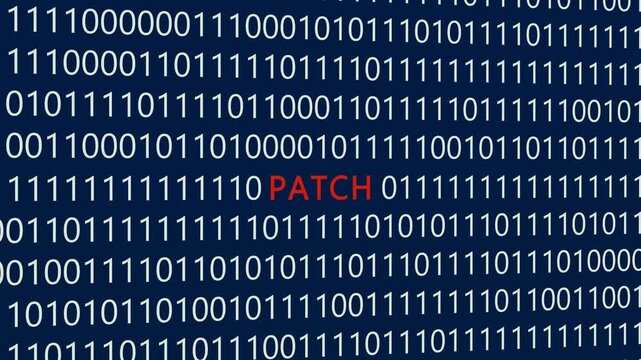 Patch text or word with digital binary animation made in After Effects for digital world technology concept, representing software updates, security fixes, and system vulnerability corrections.