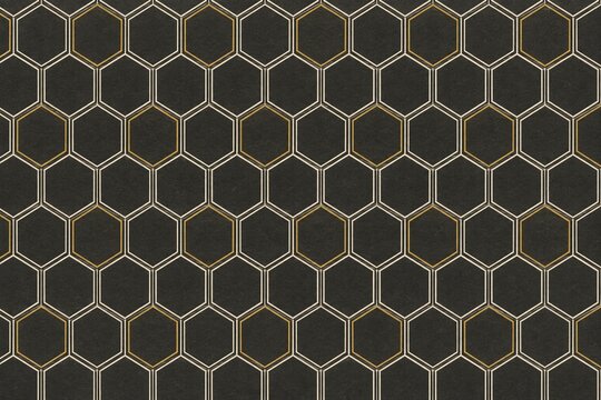 Japanese traditional Kikko hexagon tortoise shell seamless pattern background in sumi black, washi paper texture