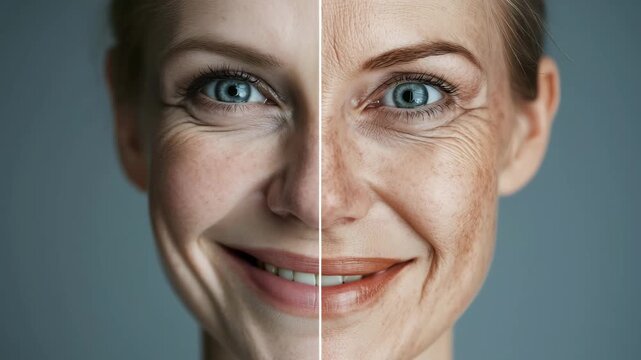 A split image shows the difference between a young face and an aged face, highlighting changes in skin texture and facial features