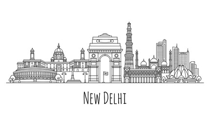Obraz premium New Delhi Skyline: India Gate, Qutub Minar, Lotus Temple - Line Art