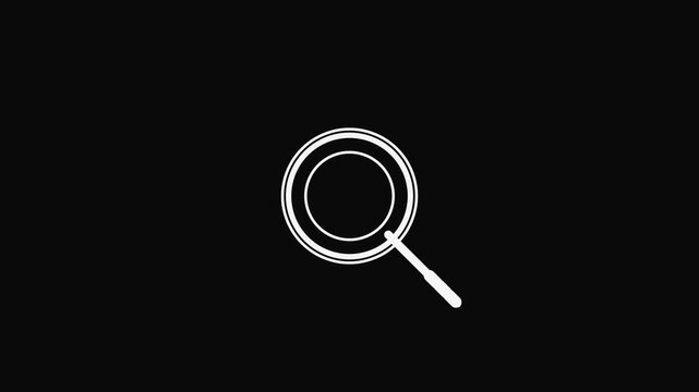 Minimalist white line art circular magnifier icon representing search functionality and data discovery on a simple solid black background