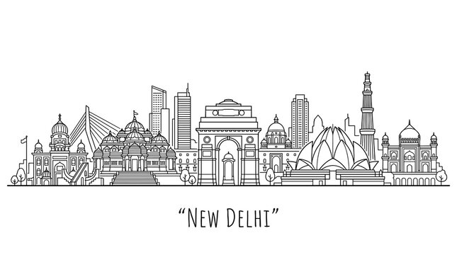 New Delhi Skyline Illustration: India Gate, Lotus Temple, and Modern Buildings