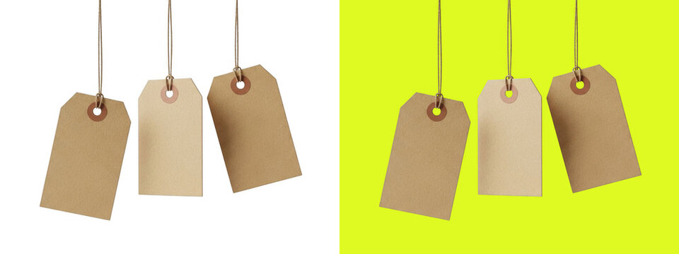 Three hanging blank brown paper price tags