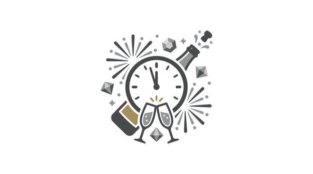 Midnight celebration with champagne, clock, and exploding fireworks.