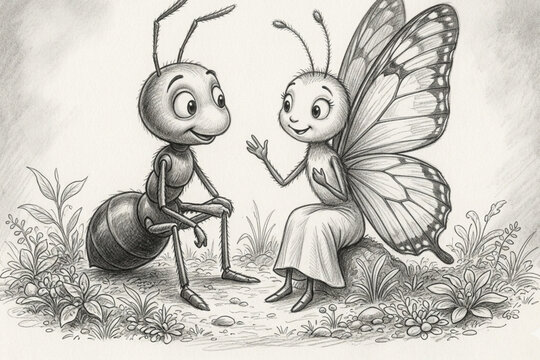 Vintage Pencil Sketch of Ant and Butterfly, Anthropomorphic Insects Talking, Classic Etching Style Illustration, Monochrome Black and Grey Drawing, Cute Cartoon Characters Dialogue