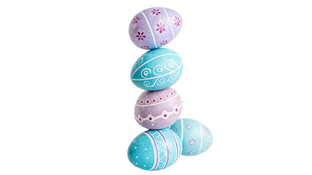 Vertical stack row of colorful painted pastel Easter eggs seasonal holiday decoration