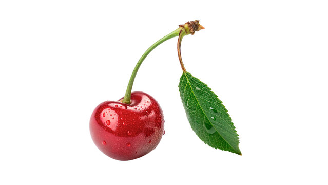 Single ripe sweet red cherry fruit with green leaf natural organic food