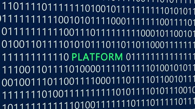 Platform text or word with digital binary animation made in After Effects for digital world technology concept, representing digital infrastructure, software ecosystems, online application frameworks