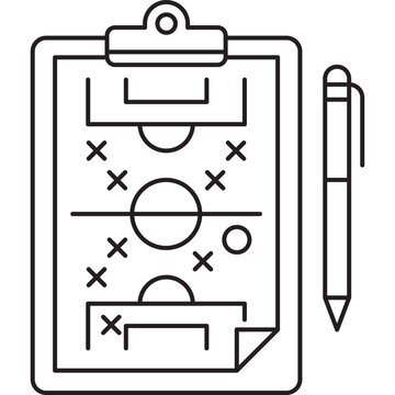 A minimalist line icon depicting a soccer tactics clipboard with a field layout and a pen, rendered in clean white outlines on a dark background.