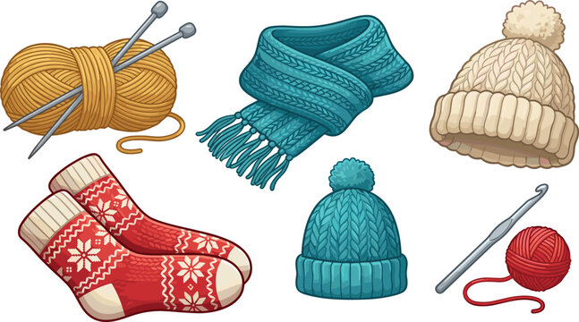 Knitted Items Set with Yarn, Needles, and a Crochet Hook Featuring Knitting