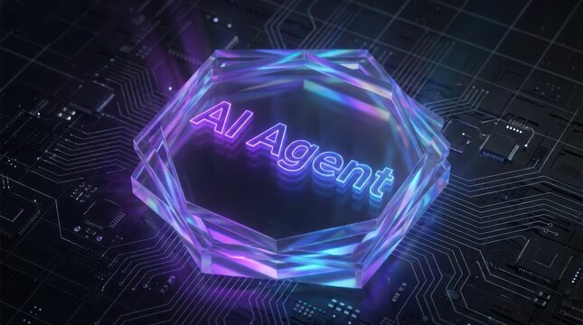 Futuristic glowing AI agent hologram displayed on circuit board background