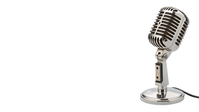 Classic vintage metallic vocal microphone on stand isolated retro audio recording hardware