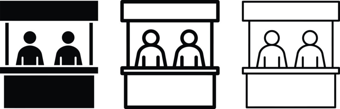 Exhibition booth kiosk icon set with staff for trade show and info desk. Vector illustration.