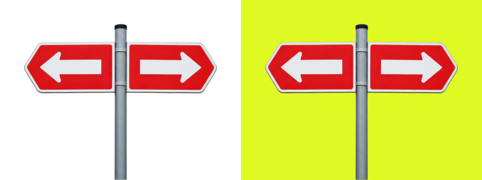 Red road signs with opposite arrows pointing directions