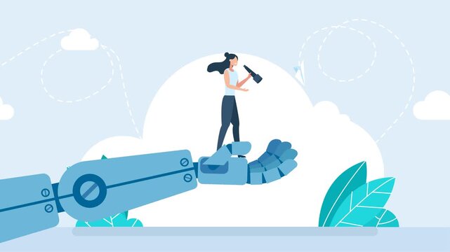 Business woman analyst use telescope climb up. Artificial intelligence technology futuristic, AI. Robot holding a businesswoman with a telescope, helping her to look further ahead. 2d flat animation