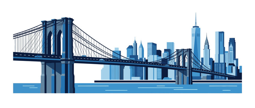 New York City Skyline with Brooklyn Bridge, Blue Tones, Isolated