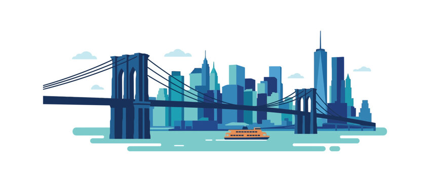 New York City Skyline with Brooklyn Bridge and Ferry, Flat Design
