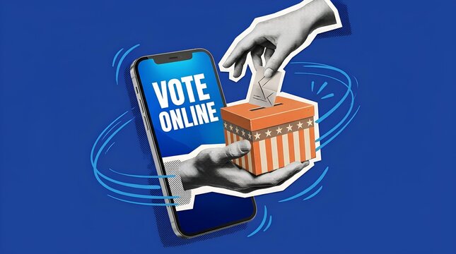 Digital voting concept with hands and ballot box on smartphone.