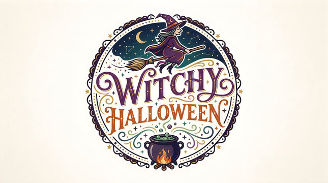 Halloween Witchy Halloween typographic badge with vintage witch on broomstick and cauldron. Retro festive label design with hand-lettered script. Spooky holiday graphic for print. JPG