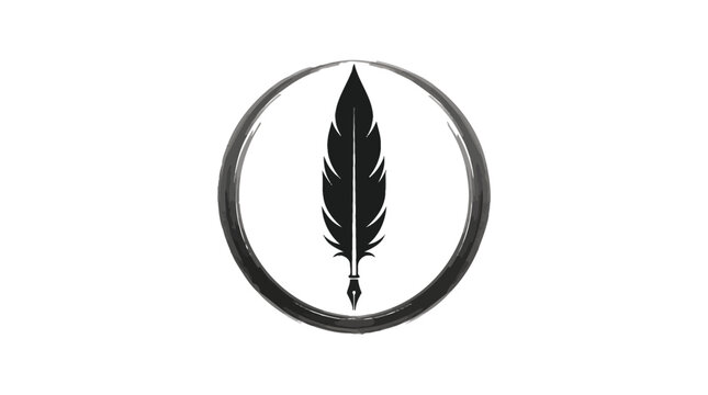 Elegant black feather quill vector illustration featuring a minimalist circular frame design created with artistic ink brush stroke styles everywhere