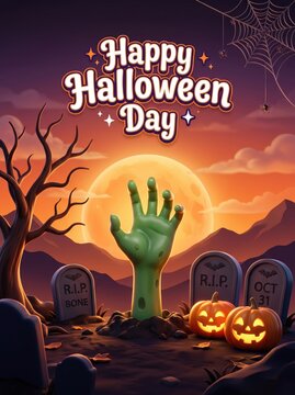 Happy Halloween Day with Zombie Hand, Pumpkins, and Graveyard at Sunset.