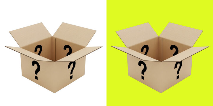 Open cardboard box with question marks on sides