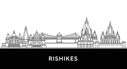 Obraz premium Rishikesh India Skyline - Landmark Buildings and Ganges River Bridge Outline