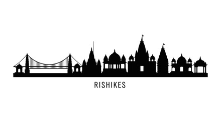 Fototapeta premium Rishikesh India Skyline Silhouette - Temples and Bridge - Vector