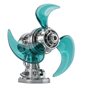 A detailed metallic turbine with teal colored blades is presented on transparent background propeller fan rotary engine
