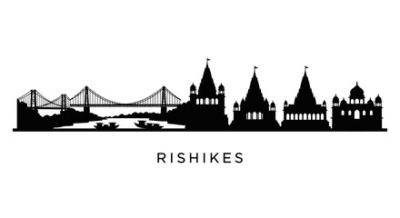 Obraz premium Rishikesh Skyline Silhouette - Uttarakhand India - Ganga Bridge - Temples