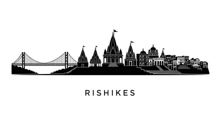 Obraz premium Rishikesh Skyline Silhouette, India - Bridge & Temples Vector Art