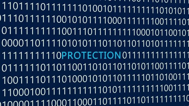 Protection text or word with digital binary animation made in After Effects for digital world technology concept, representing digital security measures, data privacy shields, and cyber defense system