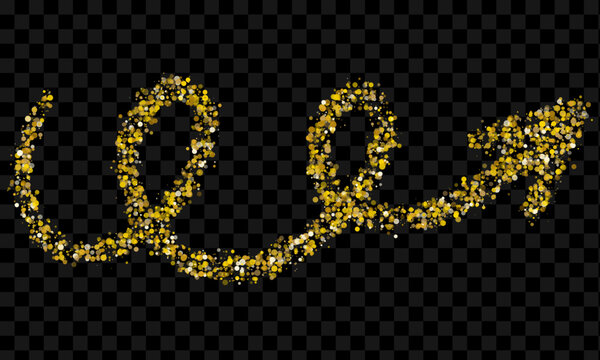 Golden glitter curved arrow glowing gold bokeh particles pointer isolated on transparent background