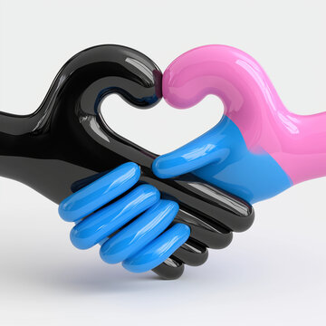 two glossy, stylized 3d hands, one black and one bright shocking pink,