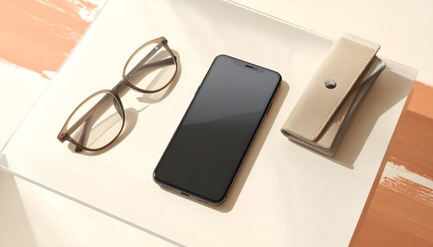 Gafas, tel&eacute;fono m&oacute;vil negro y soporte met&aacute;lico plegable sobre una superficie clara en una composici&oacute;n minimalista