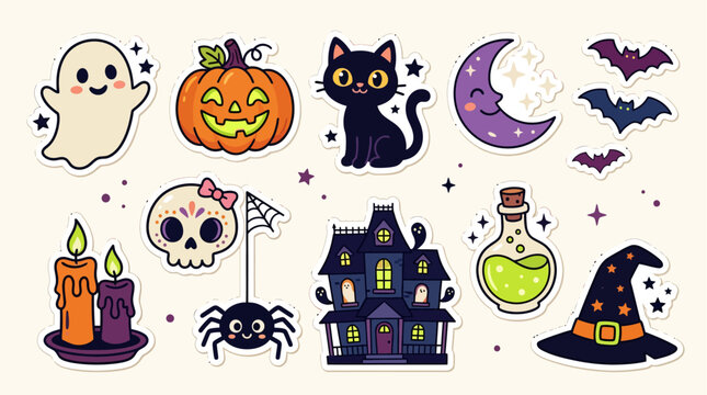 Cute Spooky Halloween Sticker Set - Kawaii Magic Elements Vector